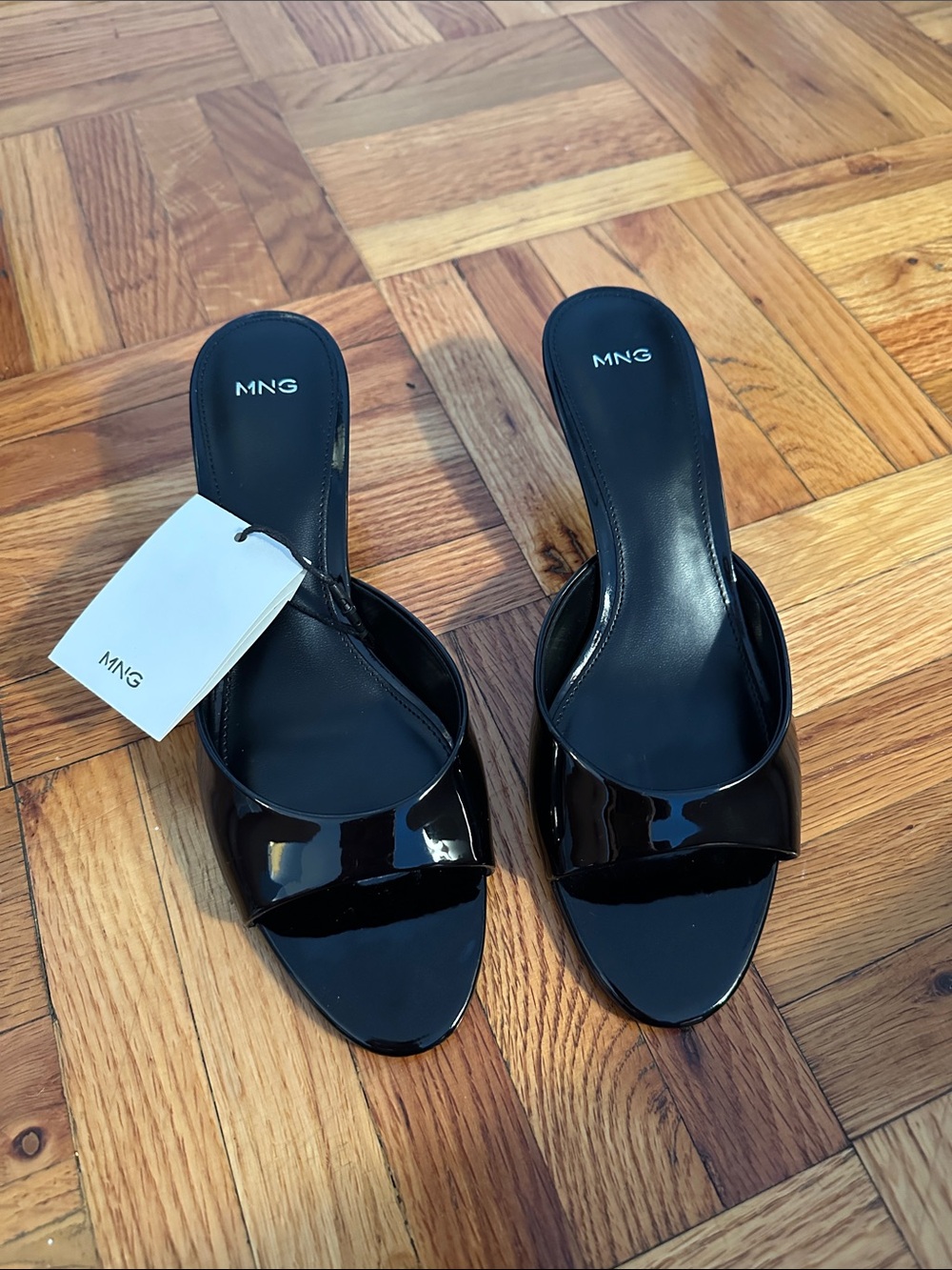 Mango Black Patent Open Toe Slides